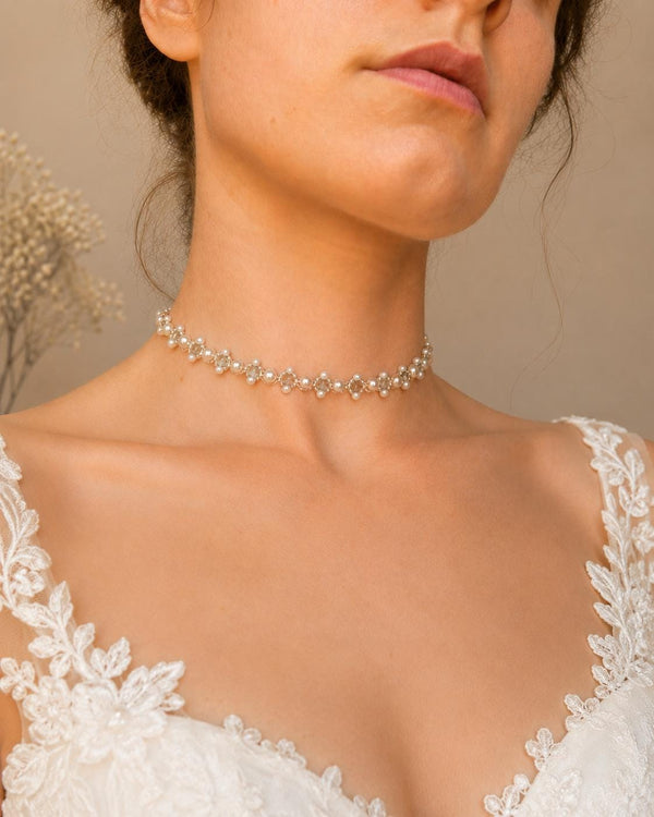 Floral Pearl Crystal Choker for bridal wedding jewelry