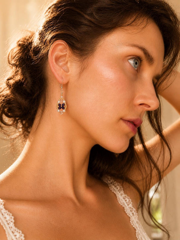 Navy Floral Pearl Earrings with pearl dangle for bridesmaids