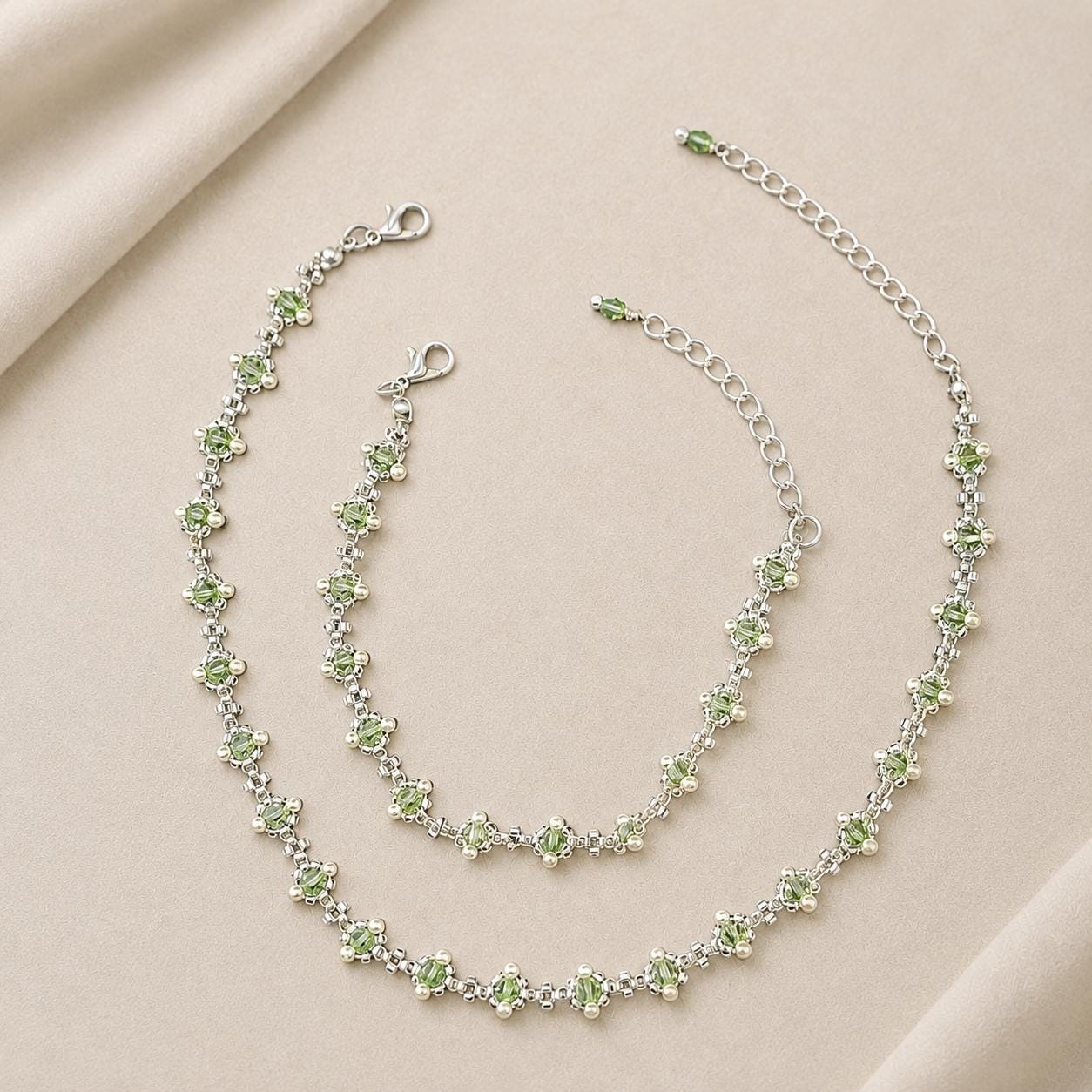 Sage Green Jewelry Set, Bridal Necklace and Bracelet Set, Green Crystal Pearl Jewelry, Bridesmaid Gift, Wedding Jewelry, Handmade Necklace