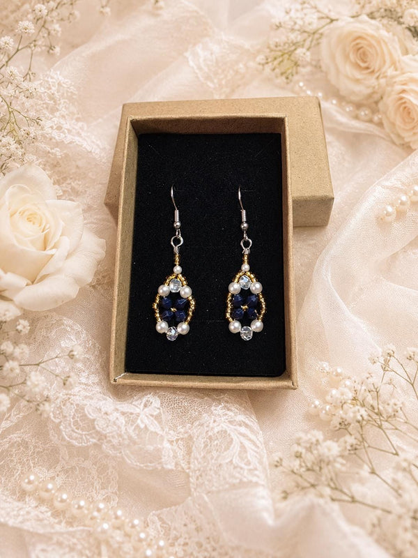 Navy Floral Pearl Earrings with pearl dangle for bridesmaids