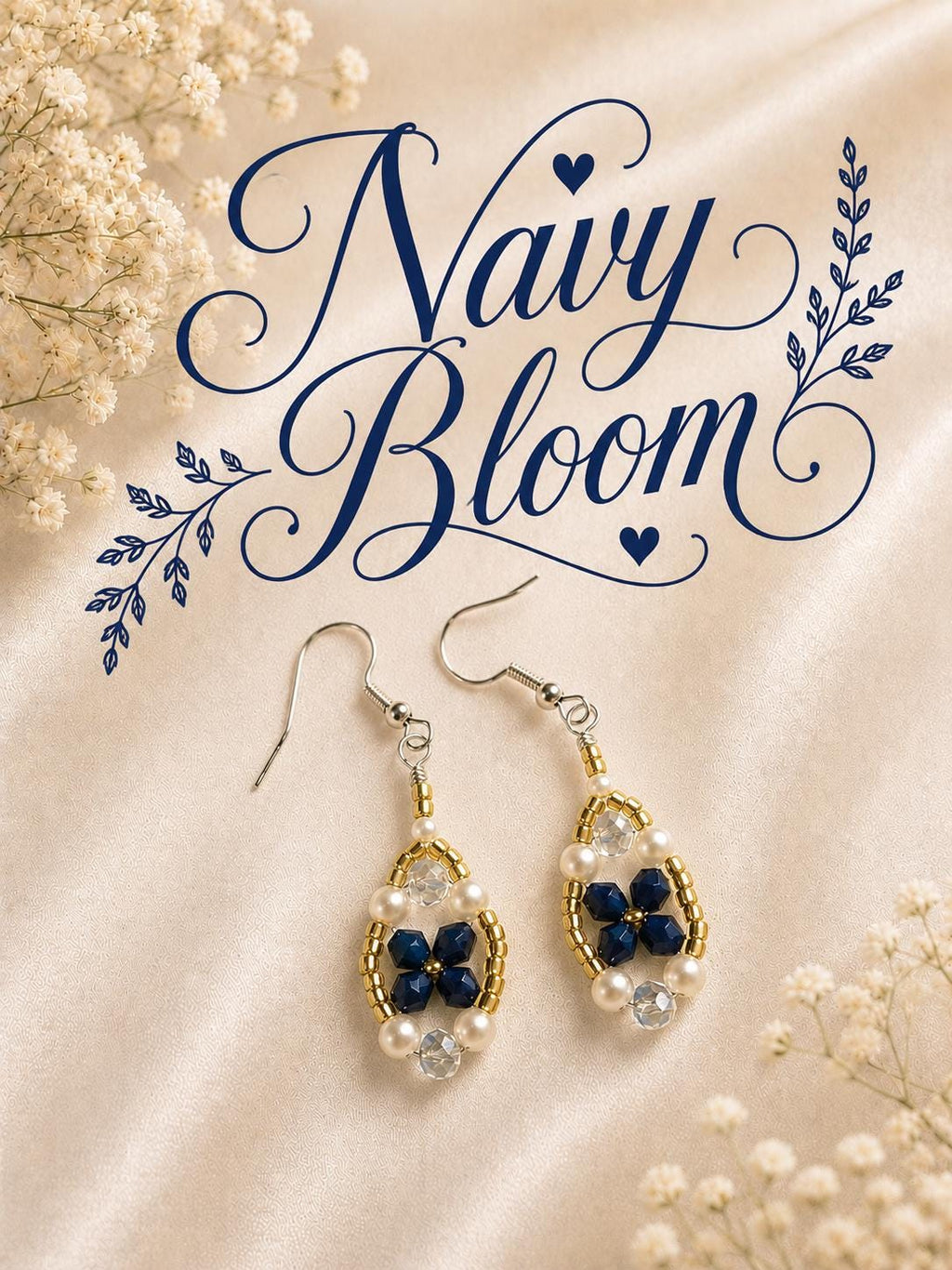 Navy Floral Pearl Earrings, Navy Blue Bridesmaid Earrings, Floral Wedding Earrings, Navy Bridal Jewelry, Pearl Dangle Earrings Gift