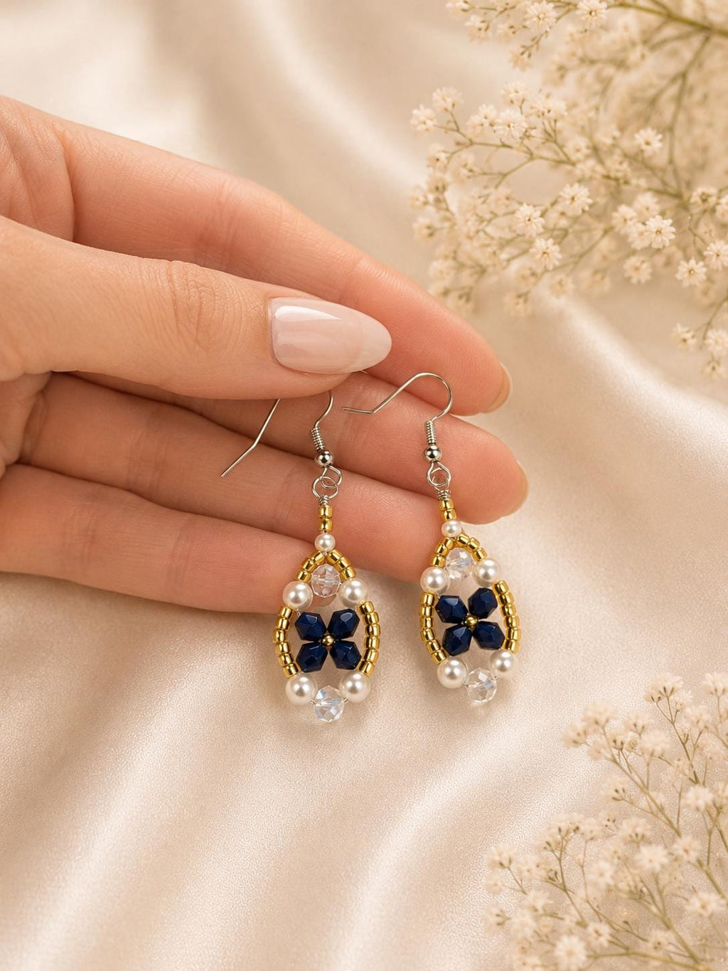 Navy Floral Pearl Earrings, Navy Blue Bridesmaid Earrings, Floral Wedding Earrings, Navy Bridal Jewelry, Pearl Dangle Earrings Gift