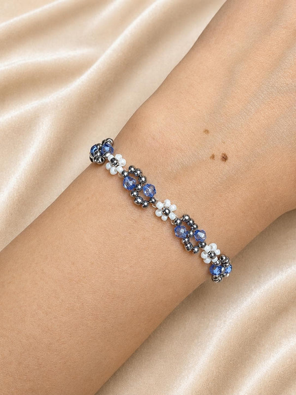 Cornflower Blue Beaded Bracelet with floral bead design