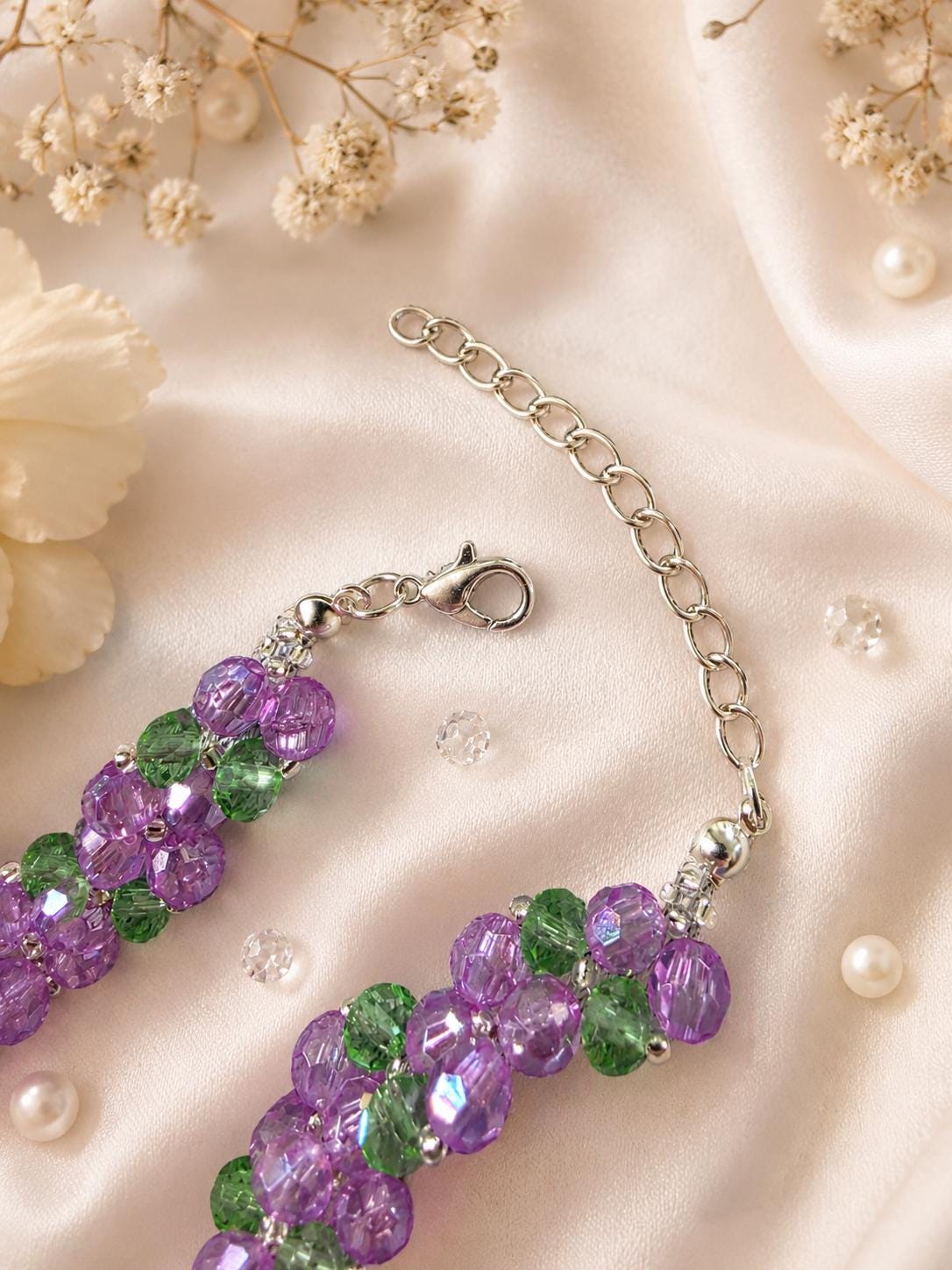 Lavender Crystal Bracelet, Floral Beaded Bracelet, Purple Pearl Bracelet, Handmade Flower Jewelry, Bridesmaid Gift, Cottagecore Bracelet