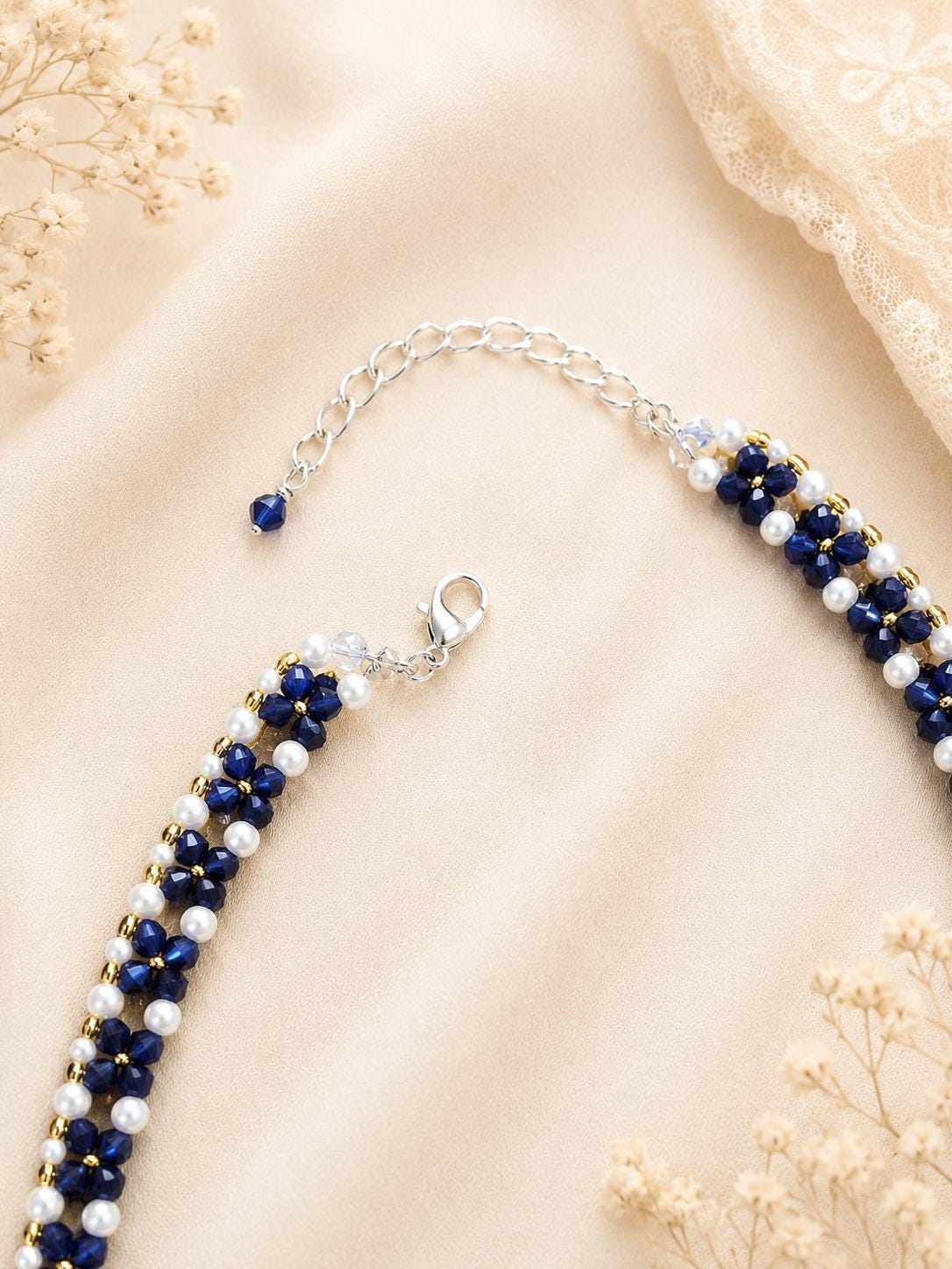 Navy Floral Choker Necklace, Navy Pearl Choker, Blue Crystal Choker, Bridal Choker Necklace, Wedding Jewelry, Bridesmaid Necklace
