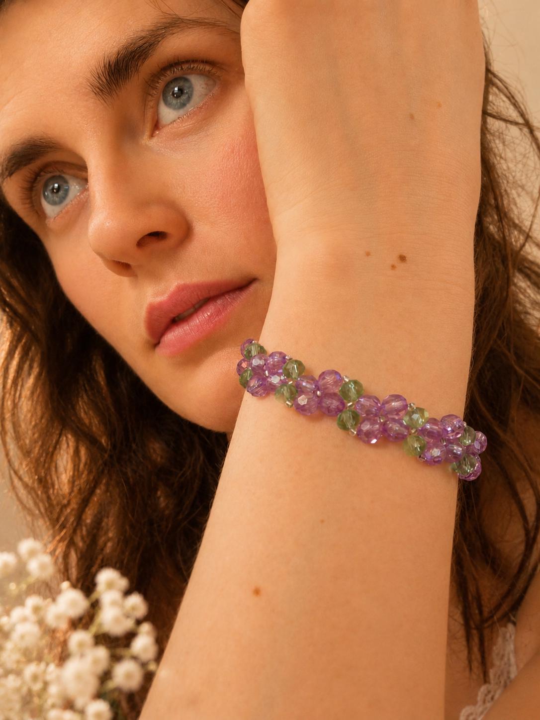 Lavender Crystal Bracelet, Floral Beaded Bracelet, Purple Pearl Bracelet, Handmade Flower Jewelry, Bridesmaid Gift, Cottagecore Bracelet