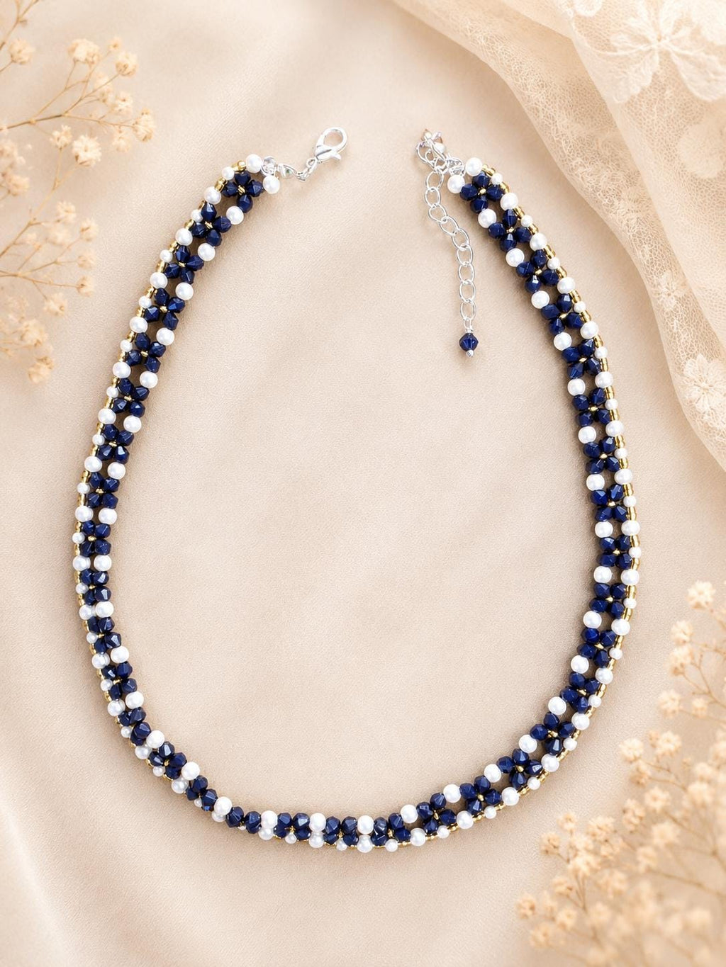 Navy Floral Choker Necklace, Navy Pearl Choker, Blue Crystal Choker, Bridal Choker Necklace, Wedding Jewelry, Bridesmaid Necklace