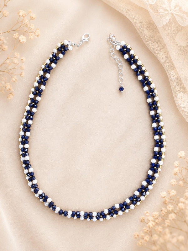 Navy Floral Choker Necklace with blue crystal and pearl accents